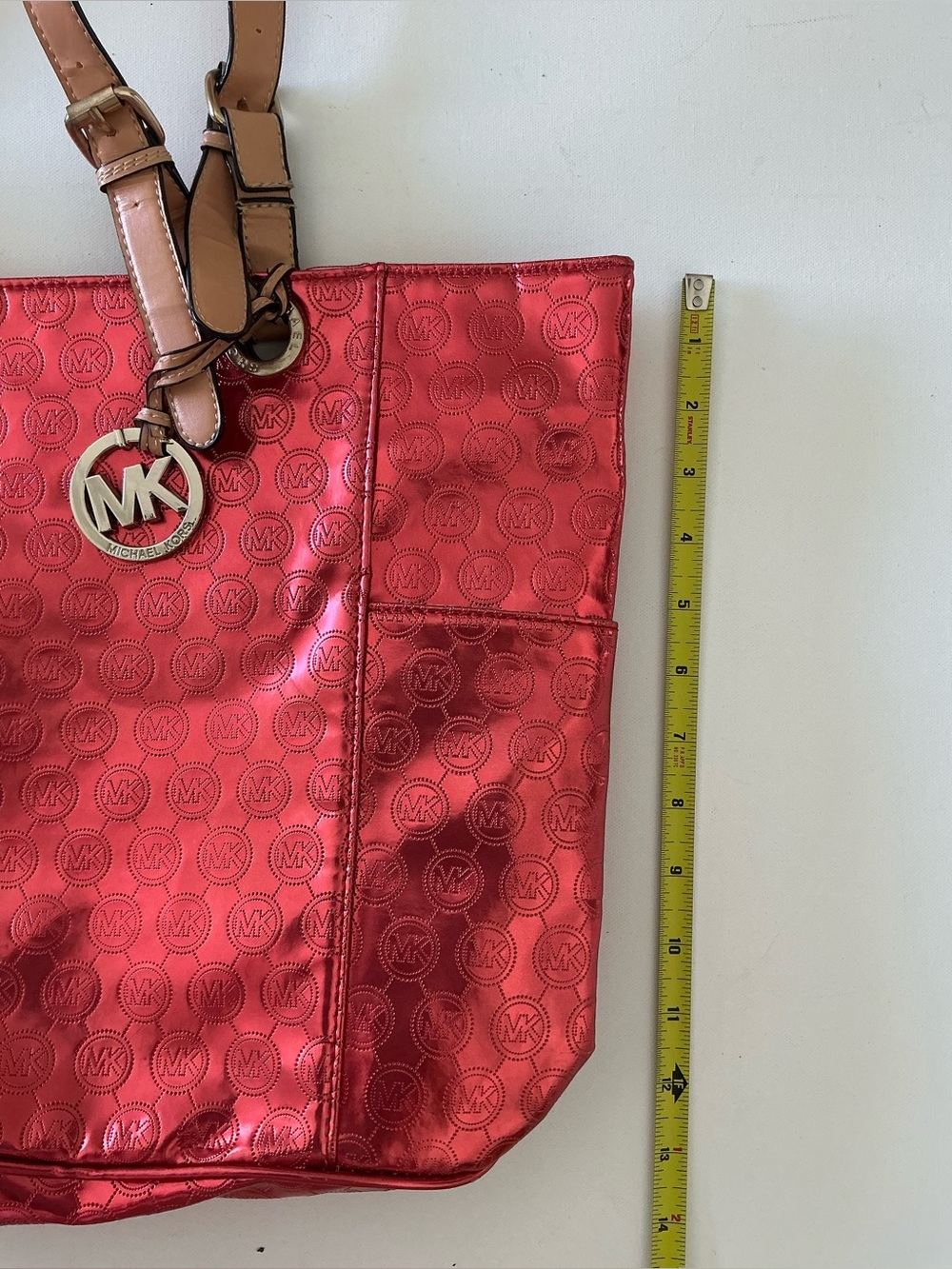 Michael Kors Jet Set Tote Coral Red Metallic MK Logo Large Shoulder Bag - Picture 10 of 12